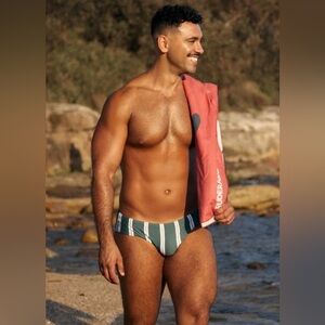 RUDE Forest Green Swim Briefs with White Stripes